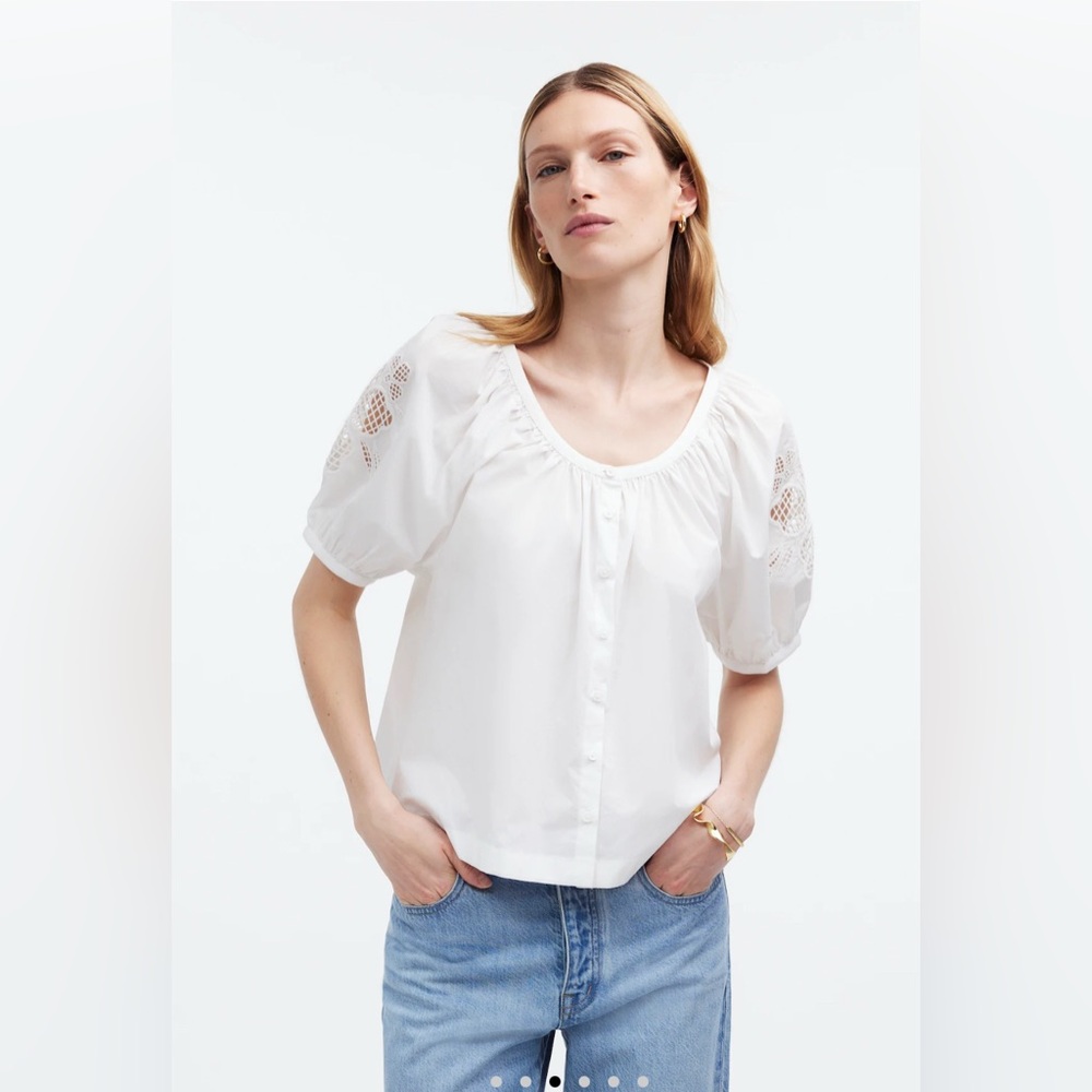 🆕Madewell Embroidered Puff-Sleeve A-Line Top in Poplin COLOR Eyelet White Sz XL